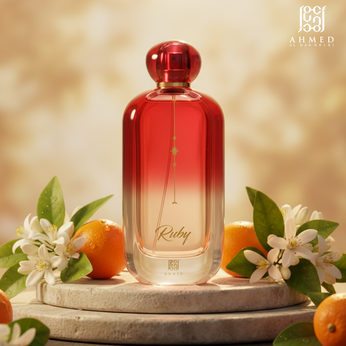 Ruby perfume bottle with orange blossoms