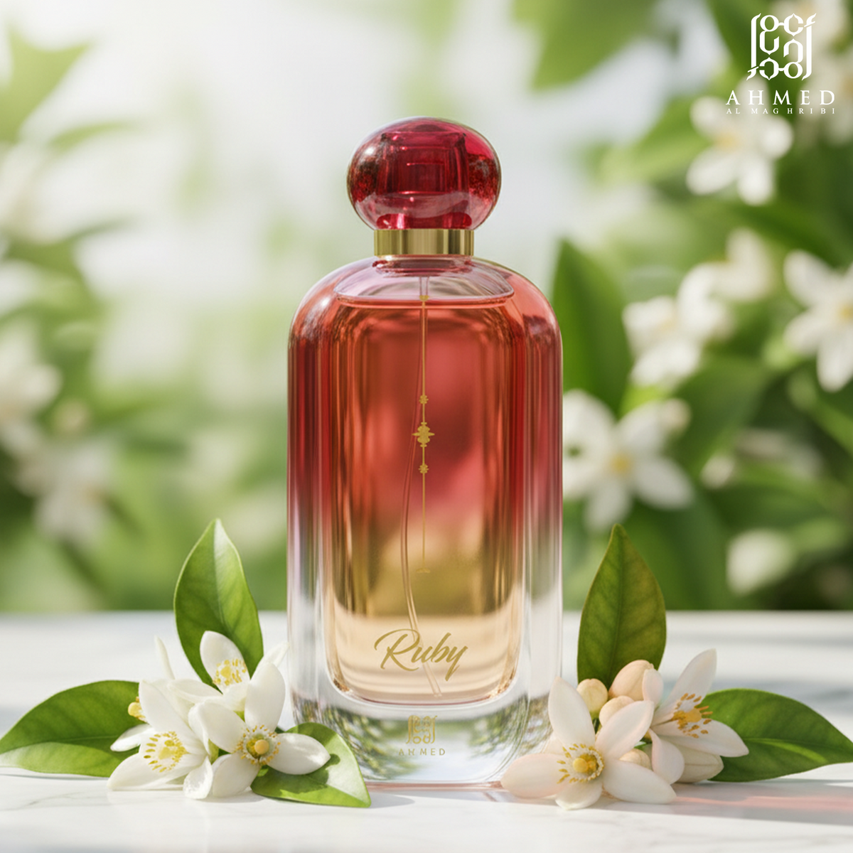 Joud perfume bottle with red tropical leaves