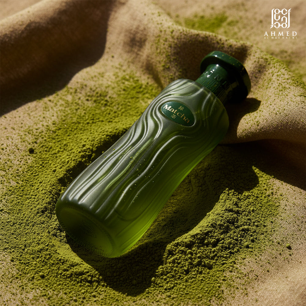 Matcha perfume bottle on green tea powder