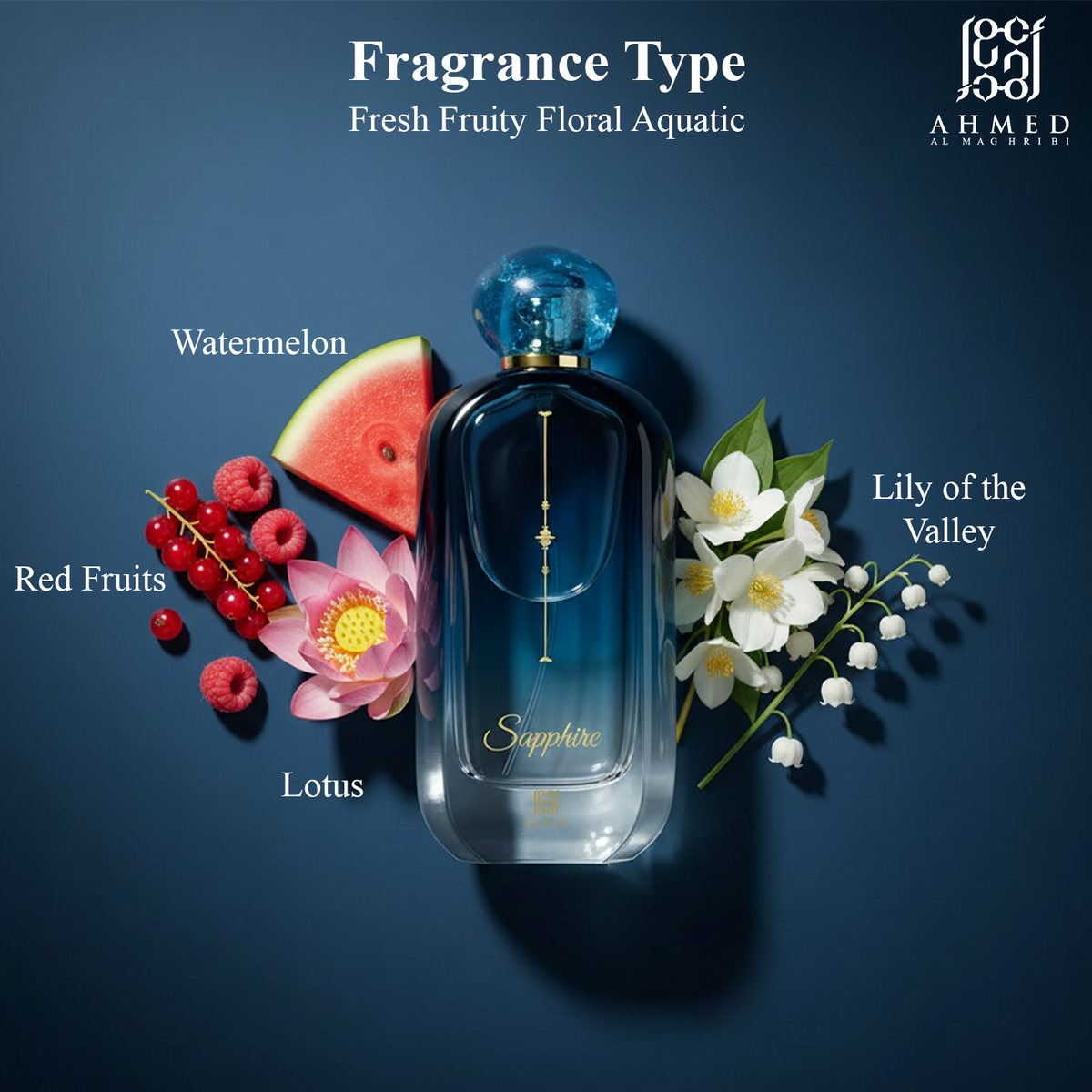 Sapphire perfume bottle with fruity floral notes