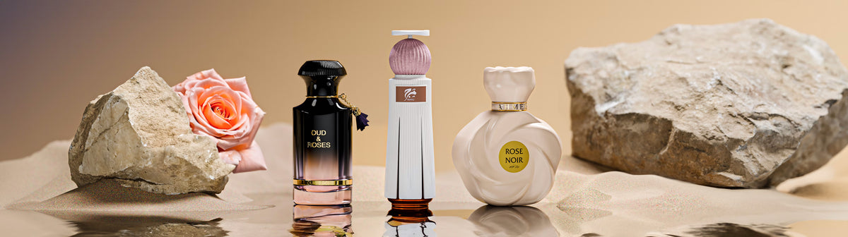 Oud & Roses and Rose Noir perfume bottles